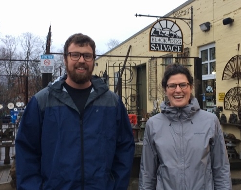 Tay Whiteside and Grayson Goldsmith stand outside Black Dog Salvage