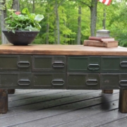 a table with drawers and a bowl on top