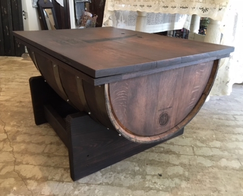 a table made from a salvaged barrel