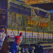a man beside a train painted by Nancy Stark